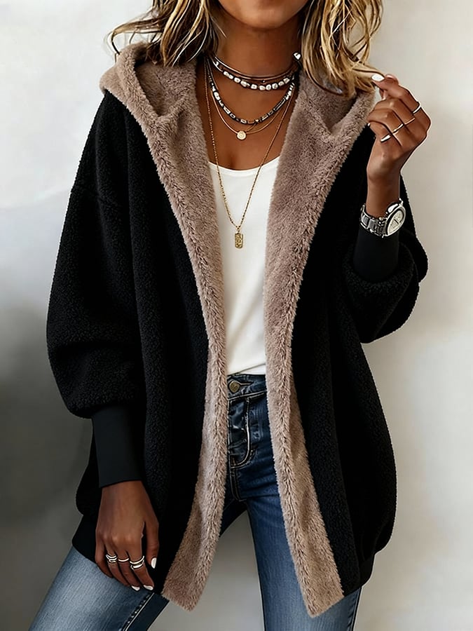 Baggy Faux Fur Lined Hooded Open Front Cardigan