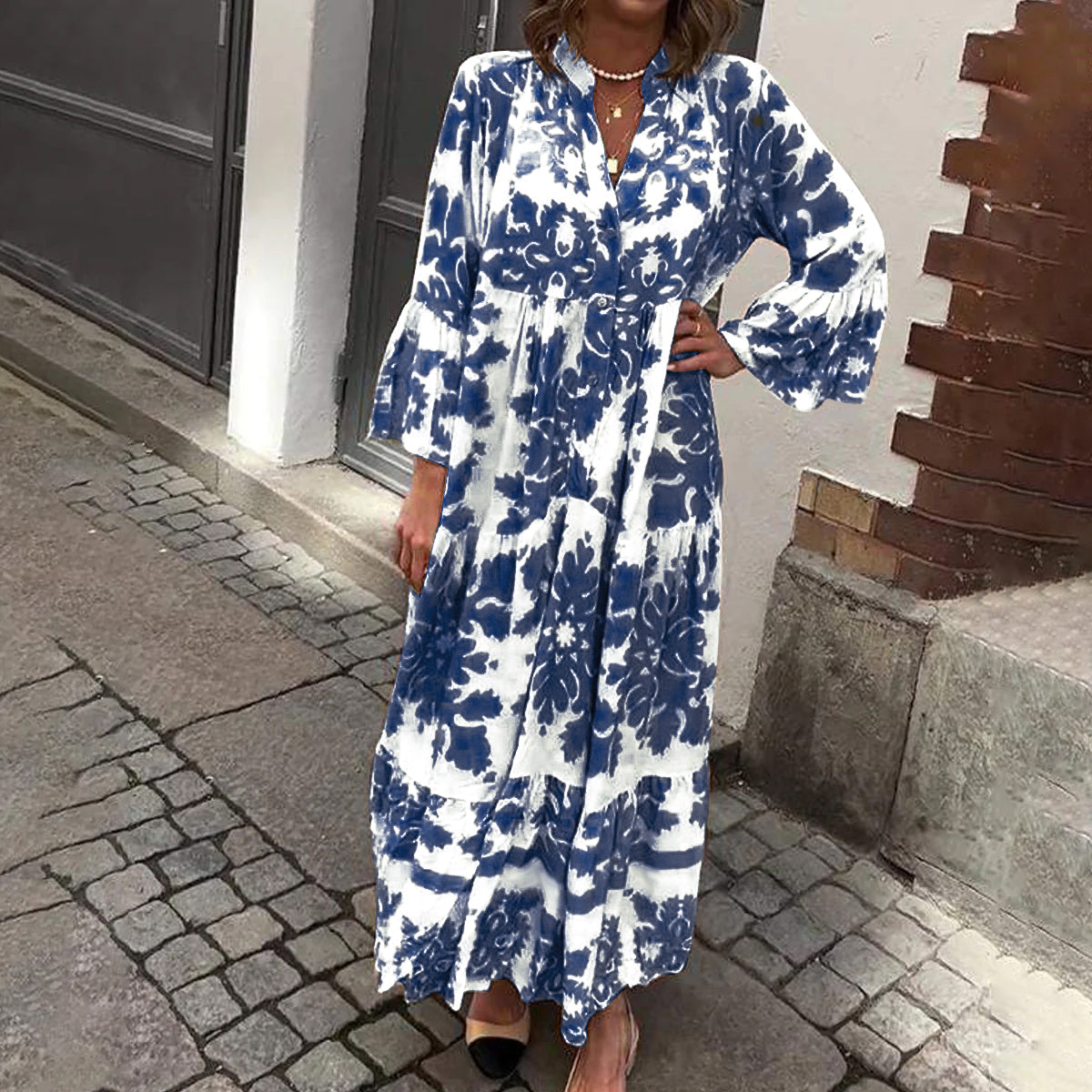 Attractive V-Neck 3/4 Sleeve Maxi Dress