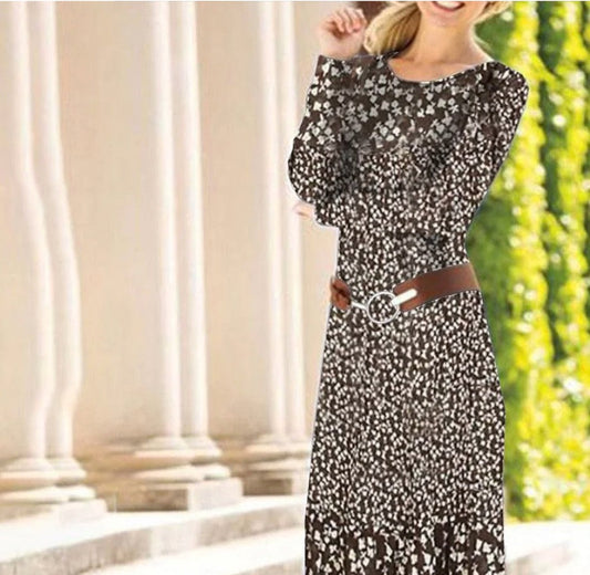 Brown Round Neck Long Sleeve Midi Dress
