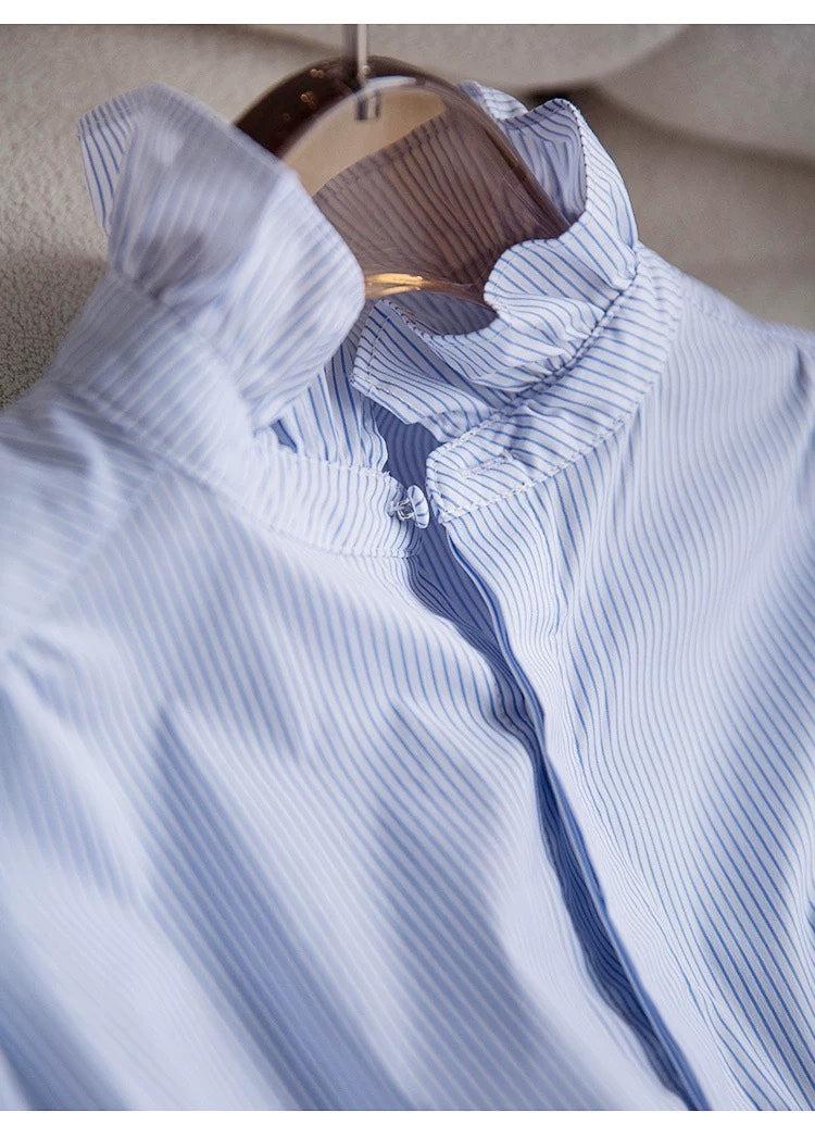 Women's Long-sleeved Ruffled Stand Collar Blue Stripes Shirt