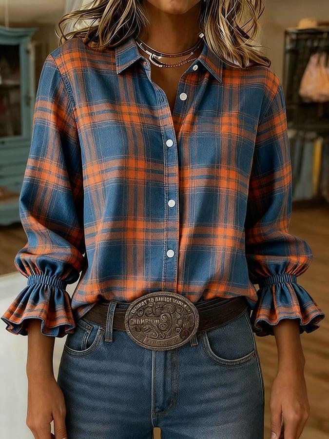Blue Check Button Down Shirt with Ruffle Cuff Sleeves