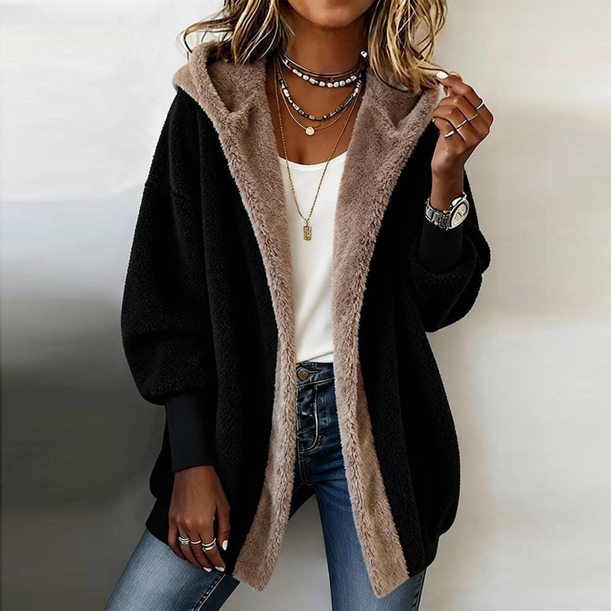 Baggy Faux Fur Lined Hooded Open Front Cardigan