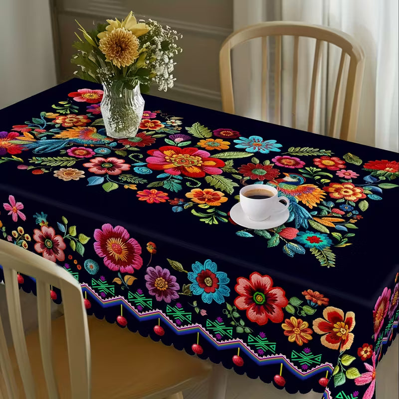 Mexican Floral Tablecloth With Scalloped Edge