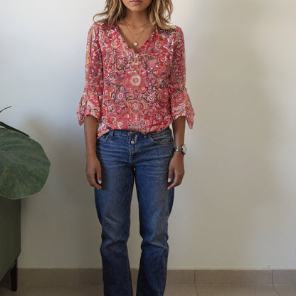 Red Paisley Bohemian Blouse Top