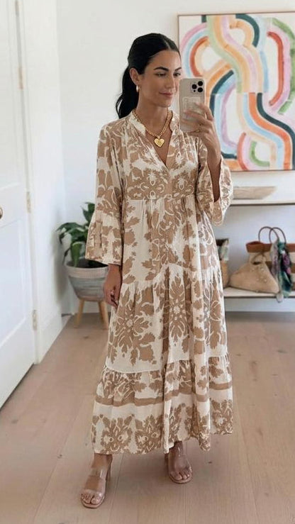 Attractive V-Neck 3/4 Sleeve Maxi Dress