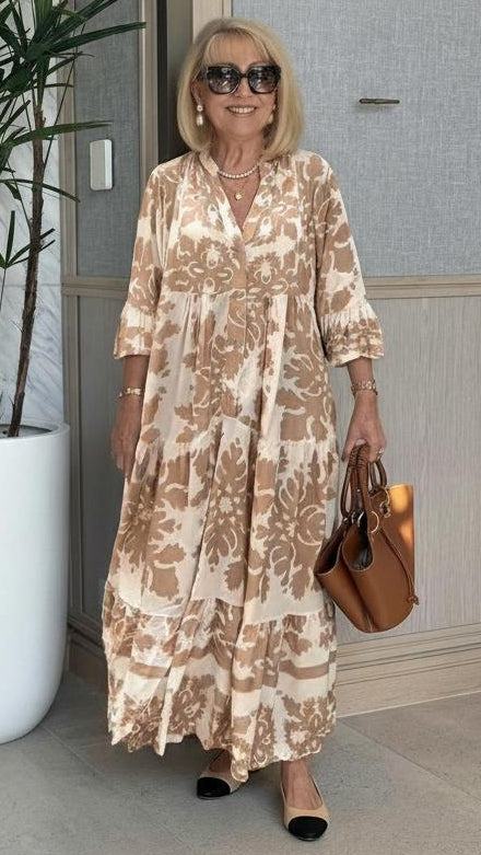 Attractive V-Neck 3/4 Sleeve Maxi Dress