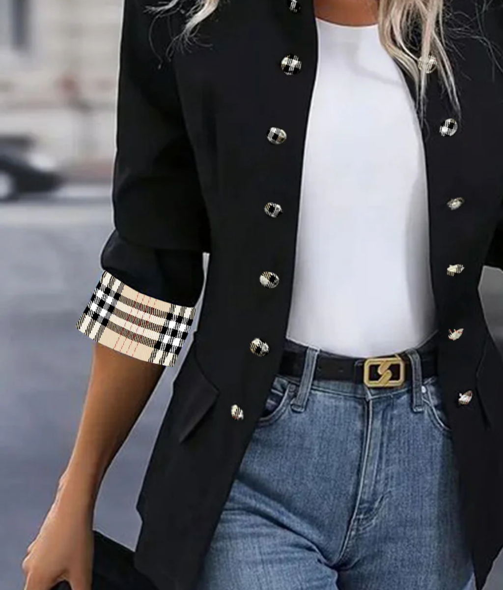 Black Collarless Plaid Print Long Sleeve Outerwear