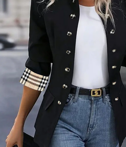 Black Collarless Plaid Print Long Sleeve Outerwear