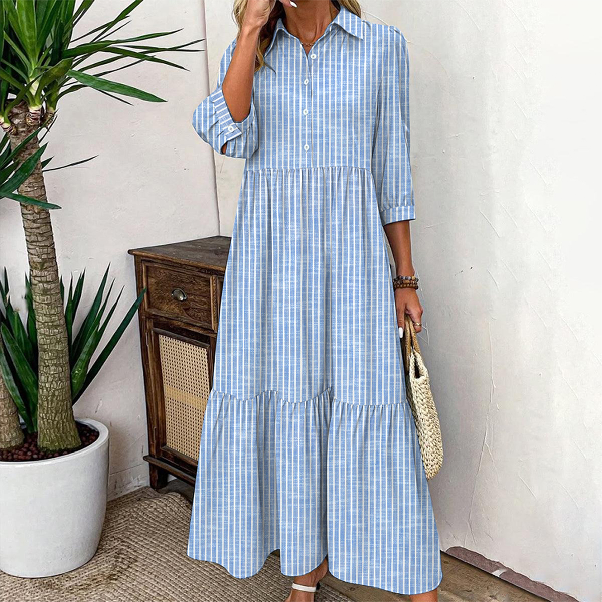 Breezy Striped Print 3/4 Sleeve Maxi Dress