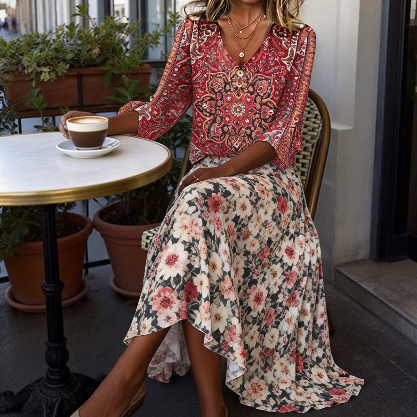 Red Paisley Bohemian Blouse Top