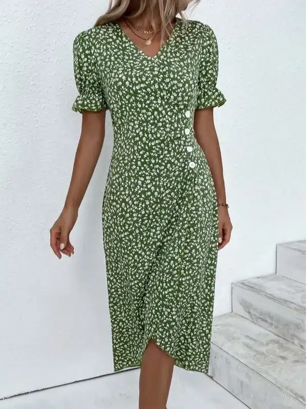 Short Sleeve Green Floral Print Button Front Midi Dress