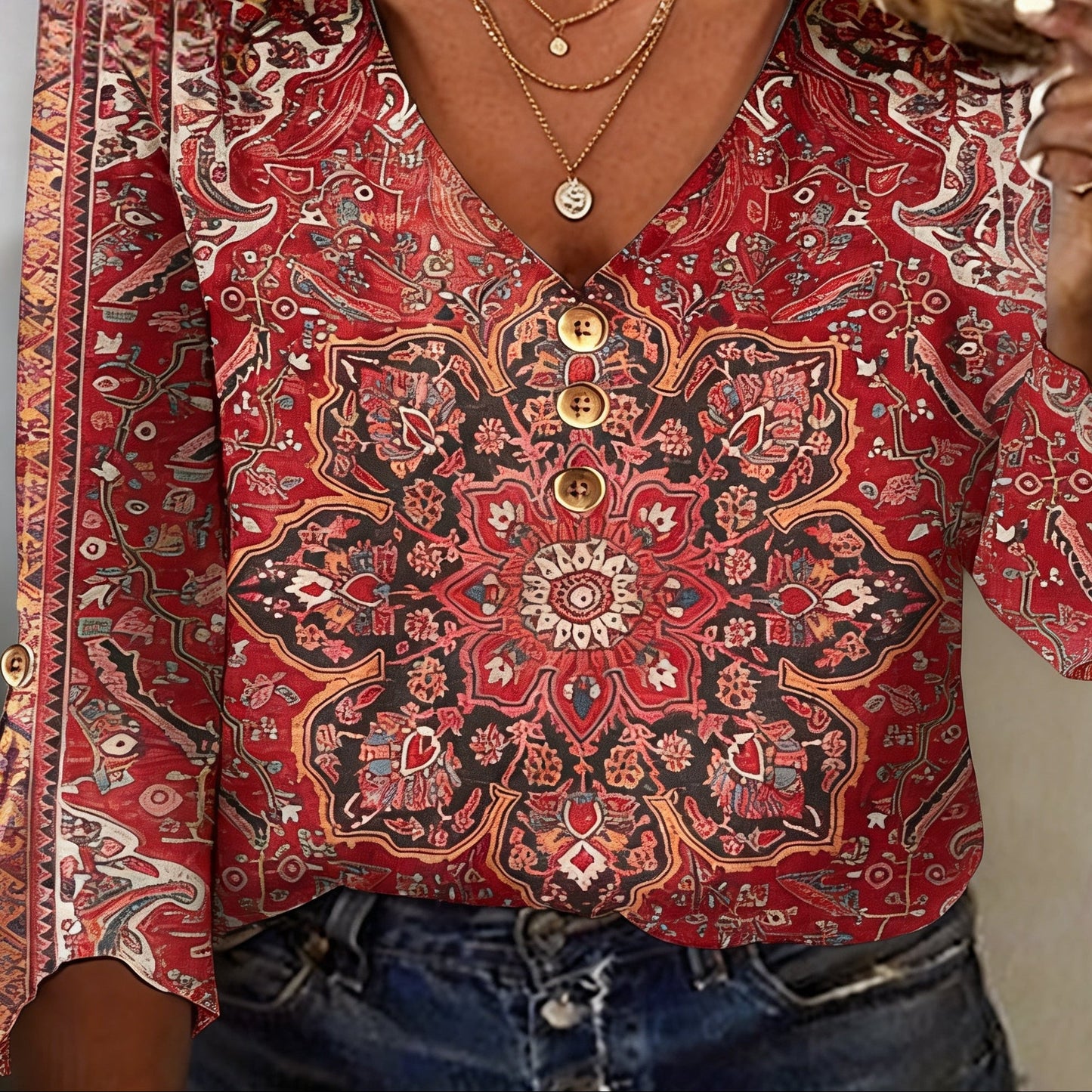 Red Paisley Bohemian Blouse Top