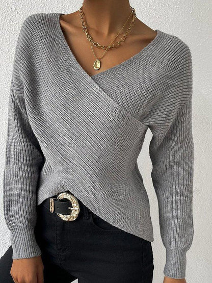 Gray Knit V-Neck Long Sleeve Wrap Sweater
