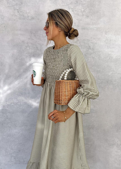 Green Check Round Neck Maxi Dress