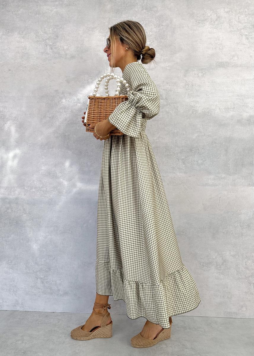 Green Check Round Neck Maxi Dress