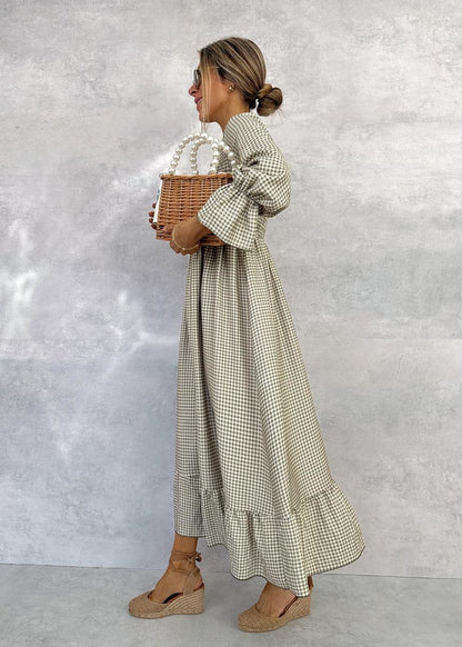 Green Check Round Neck Maxi Dress