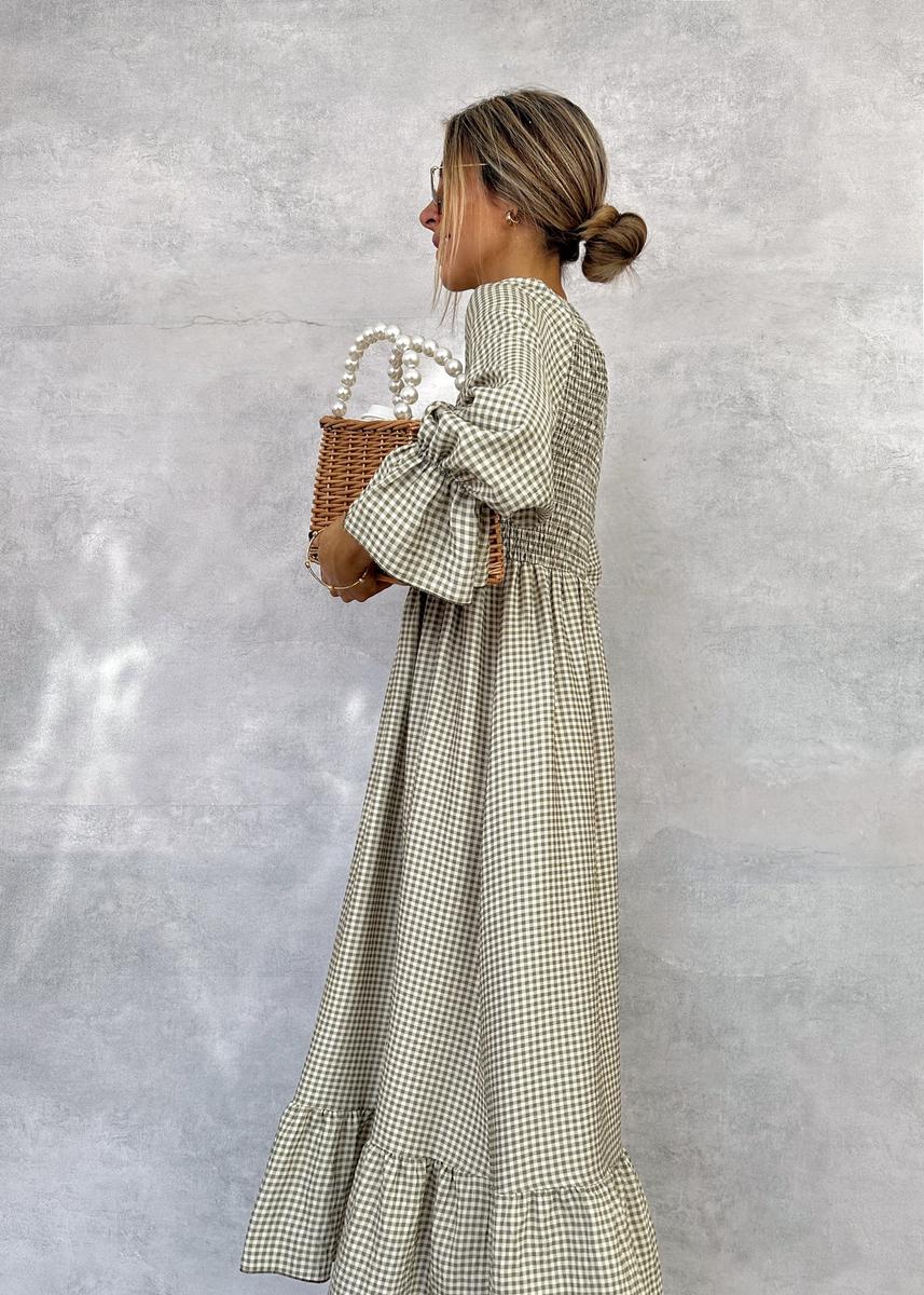 Green Check Round Neck Maxi Dress
