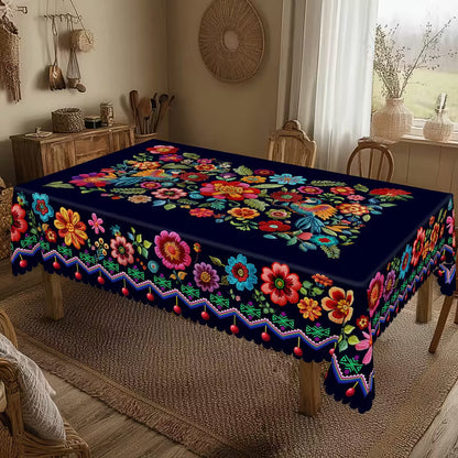 Mexican Floral Tablecloth With Scalloped Edge
