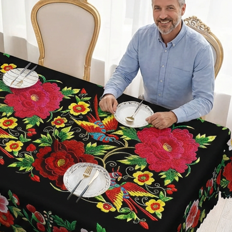 Mexican Floral Tablecloth With Scalloped Edge
